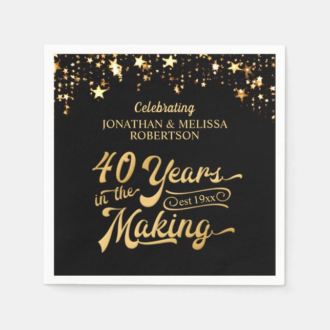 Retro 40th Wedding Anniversary Black Gold Stars Napkin (Front)