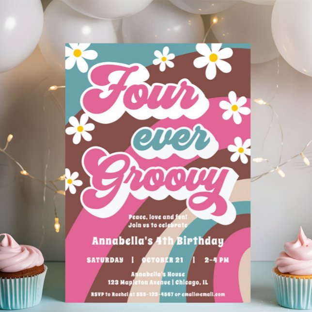 Retro 4th birthday FOUR ever groovy girl Invitation (Creator Uploaded)