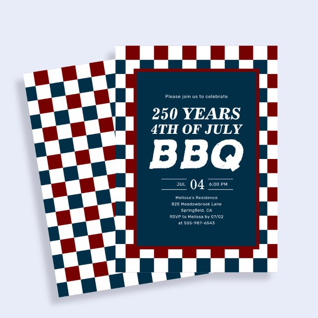 Retro 4th of July 250 Years BBQ Party Checkered  Invitation (Creator Uploaded)