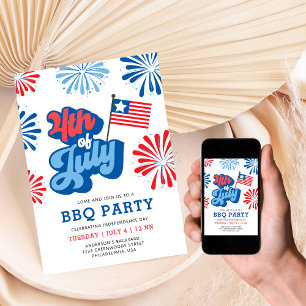 Retro 4th of July Fireworks America Flag BBQ Party Invitation