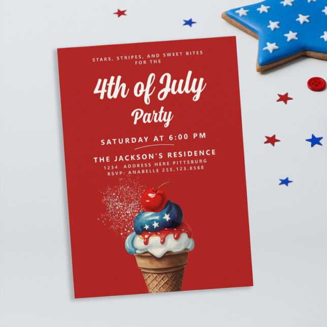 Retro 4th of July Ice Cream US Flag Cherry Party Invitation (Creator Uploaded)