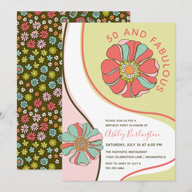 Retro 50 & Fabulous Groovy Floral Invitation (Front/Back)