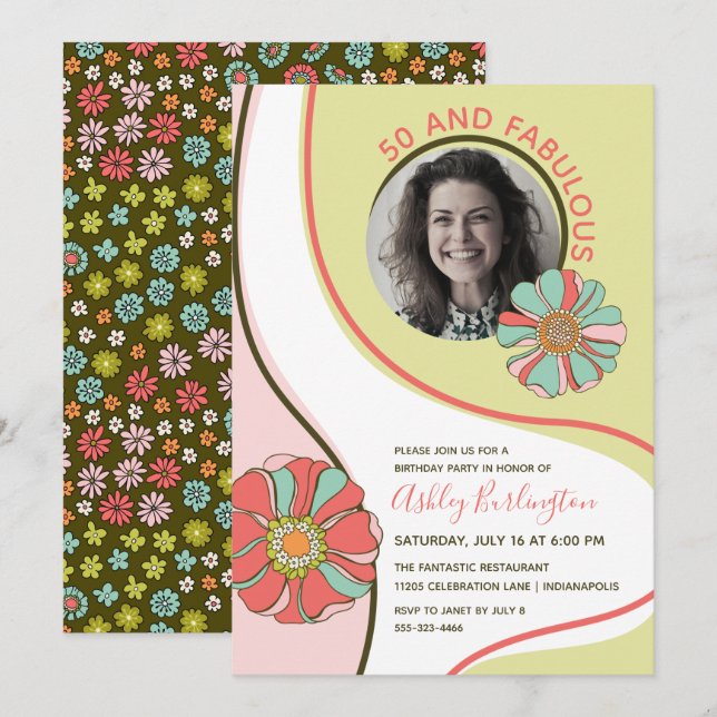 Retro 50 & Fabulous Groovy Floral Photo Invitation (Front/Back)