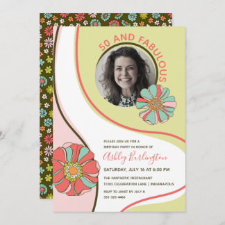 Retro 50 & Fabulous Groovy Floral Photo Invitation