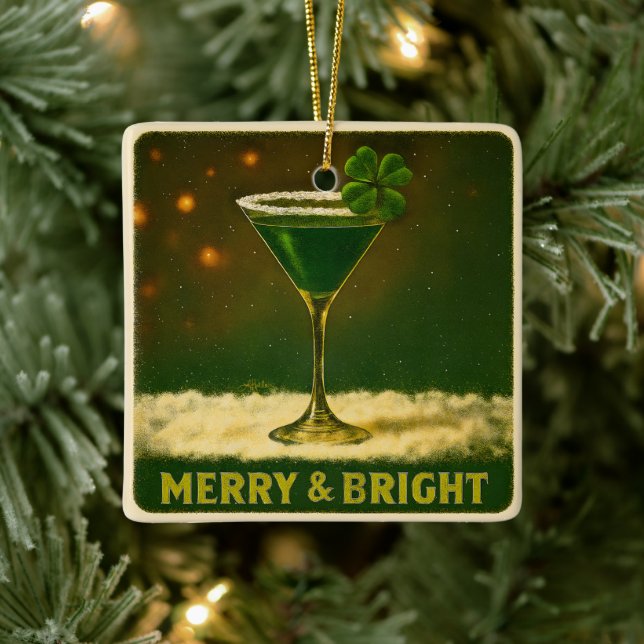 Retro 50s 4 Leaf Clover Irish Christmas Martini Ceramic Ornament (Tree)