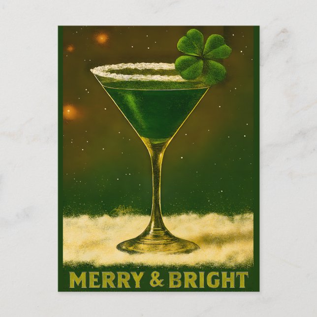 Retro 50s 4 Leaf Clover Irish Christmas Martini Postcard (Front)
