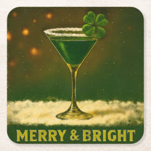 Retro 50s 4 Leaf Clover Irish Christmas Martini Square Paper Coaster