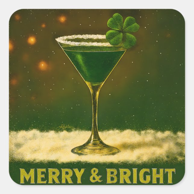 Retro 50s 4 Leaf Clover Irish Christmas Martini Square Sticker (Front)