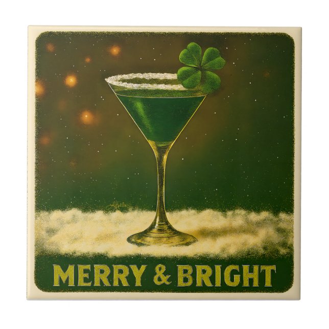 Retro 50s 4 Leaf Clover Irish Christmas Martini Tile (Front)