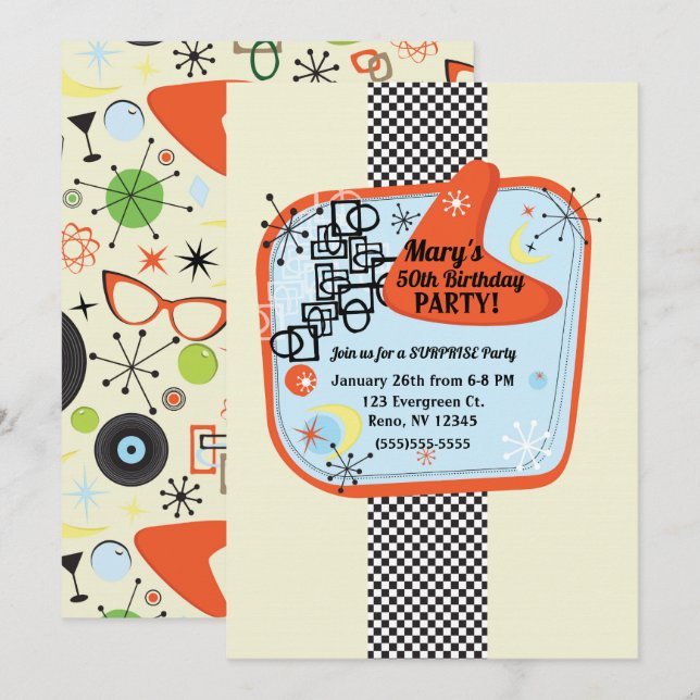 Retro 50's 60's Vintage Birthday Party Invitation (Front/Back)