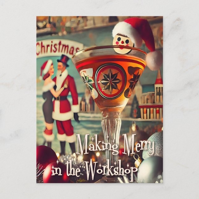 Retro 50s Cocktail Making Merry Christmas Workshop Postcard (Front)