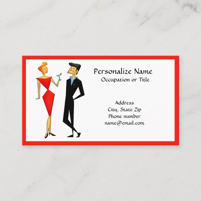 Retro 50s Couple Party Planner Host Red & Black Business Card (Front)