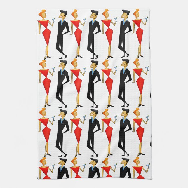 Retro 50s Couple Red Black Cocktails Party Tea Towel (Vertical)