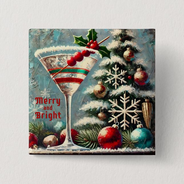 Retro 50s Cranberry Snowflake Christmas Martini 15 Cm Square Badge (Front)