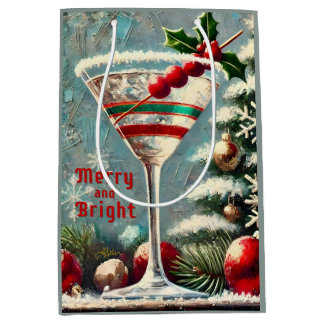 Retro 50s Cranberry Snowflake Christmas Martini Medium Gift Bag