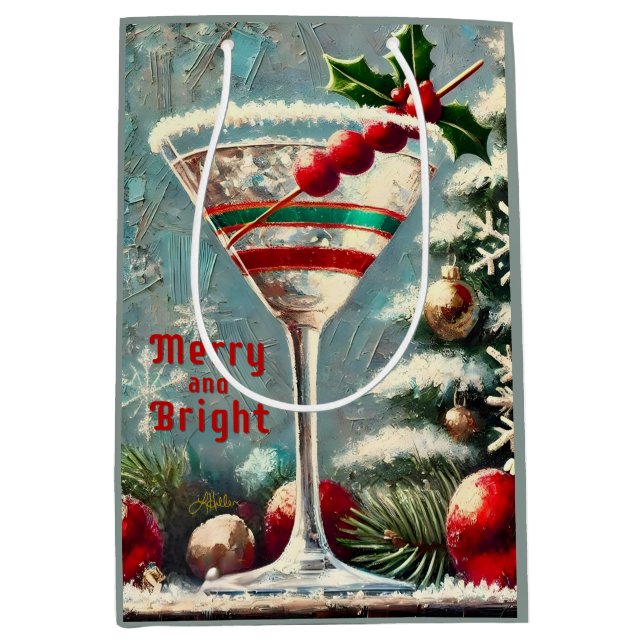 Retro 50s Cranberry Snowflake Christmas Martini Medium Gift Bag (Front)