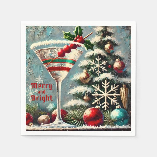 Retro 50s Cranberry Snowflake Christmas Martini Napkin (Front)