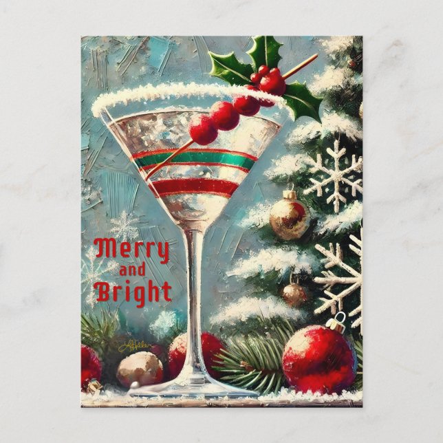 Retro 50s Cranberry Snowflake Christmas Martini Postcard (Front)