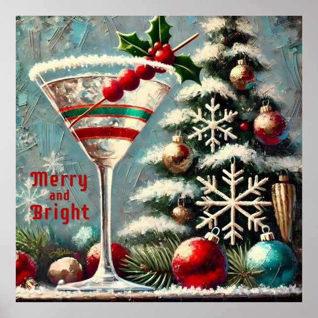 Retro 50s Cranberry Snowflake Christmas Martini Poster (Front)