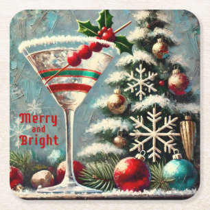 Retro 50s Cranberry Snowflake Christmas Martini Square Paper Coaster