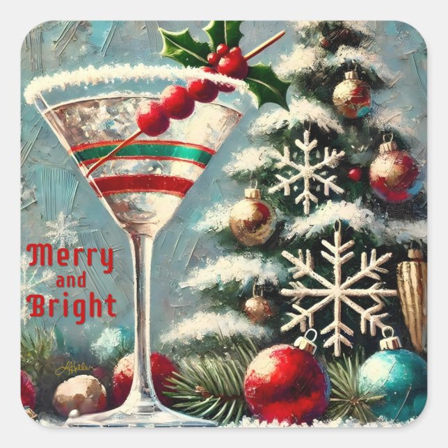 Retro 50s Cranberry Snowflake Christmas Martini Square Sticker (Front)