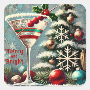 Retro 50s Cranberry Snowflake Christmas Martini Square Sticker