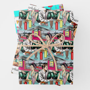 Retro 50's Diner Nostalgic Birthday Wrapping Paper Sheet