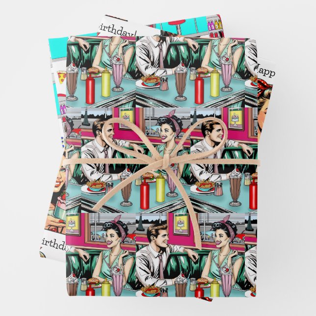 Retro 50's Diner Nostalgic Birthday Wrapping Paper Sheet (In situ)
