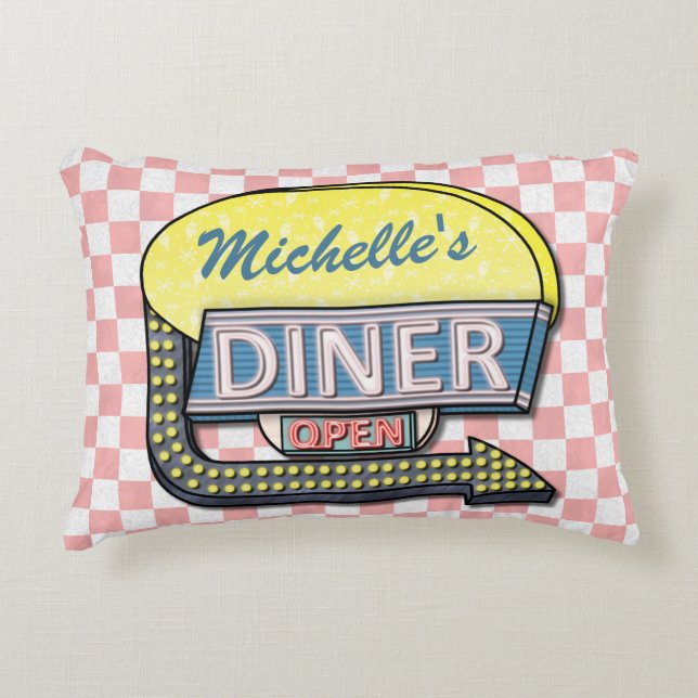 Retro 50's Diner Sign Pink Chequered Personalised Decorative Cushion (Front)