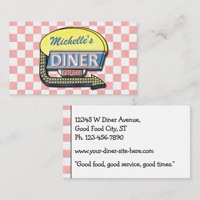 Retro 50's Diner Sign Pink Chequered Restaurant Business Card (Front/Back)