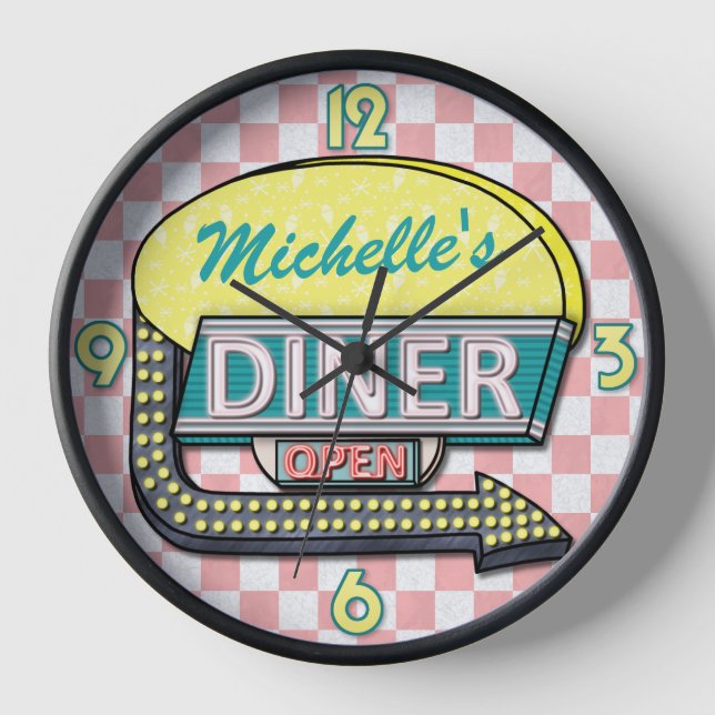 Retro 50's Diner Sign Pink Teal Personalised Name Clock (Front)