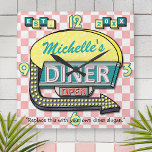 Retro 50's Diner Sign Pink Teal Personalised Name Square Wall Clock<br><div class="desc">Create your own custom, 1950's style diner sign clock using this easy template. These cool retro clocks have a slightly distressed pink-and-white chequered background with a sign on top that says "DINER" and "OPEN" in neon with space for you to add your own first or last name - or any...</div>