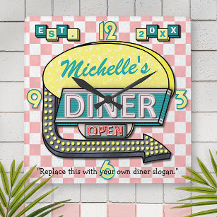 Retro 50's Diner Sign Pink Teal Personalised Name Square Wall Clock