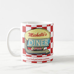 Retro 50's Diner Sign Red Checkered Custom Text Coffee Mug