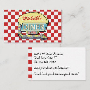 Retro 50's Diner Sign Red Checkered Restaurant Business Card