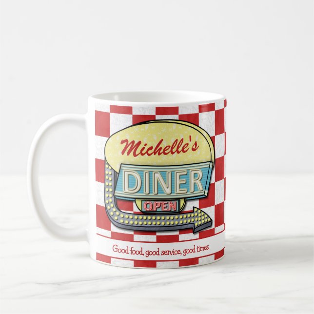 Retro 50's Diner Sign Red Chequered Custom Text Coffee Mug (Left)