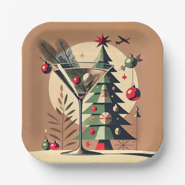 Retro 50s Jet Set Christmas Tree Martini Paper Plate (Front)