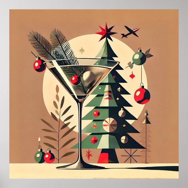 Retro 50s Jet Set Christmas Tree Martini Poster (Front)