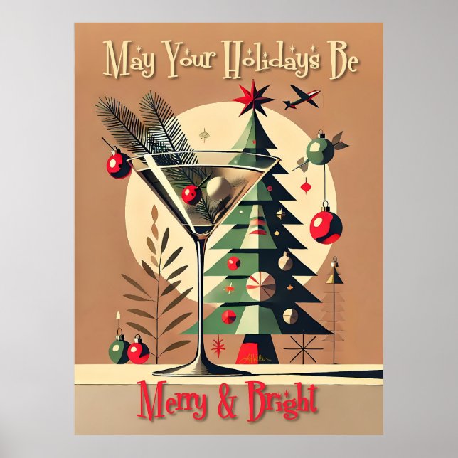 Retro 50s Jet Set Christmas Tree Martini Poster (Front)