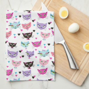 Retro 50's Kitty Girl Cat Hearts Bows Kitchen Tea Towel