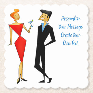 Retro 50s Man Woman Couple Cocktail Party Paper Coaster