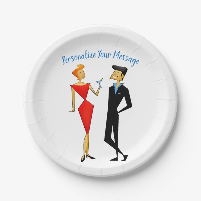 Retro 50s Man Woman Couple Cocktail Party Paper Plate (Front)
