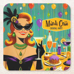 Retro 50s Mardi Gras Cocktail Party Square Paper Coaster