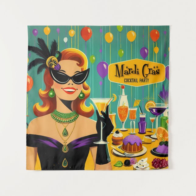 Retro 50s Mardi Gras Cocktail Party Tapestry (Front)