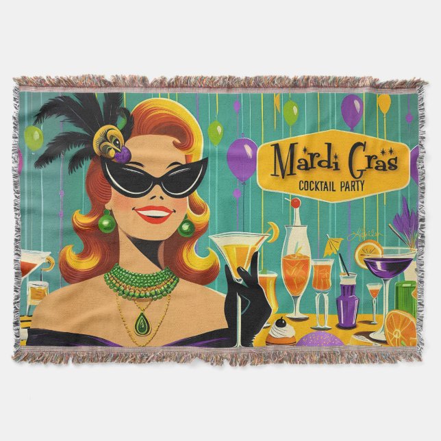 Retro 50s Mardi Gras Cocktail Party Throw Blanket (Front)
