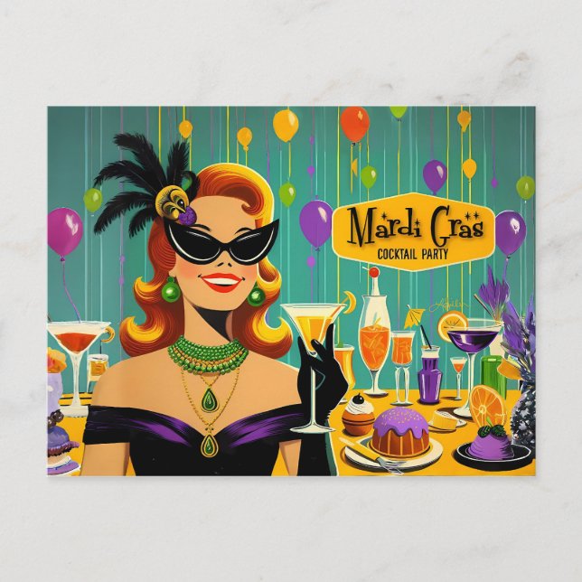 Retro 50s Mardi Gras Martini Cocktail Party Postcard (Front)