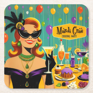 Retro 50s Mardi Gras Martini Cocktail Party Square Paper Coaster