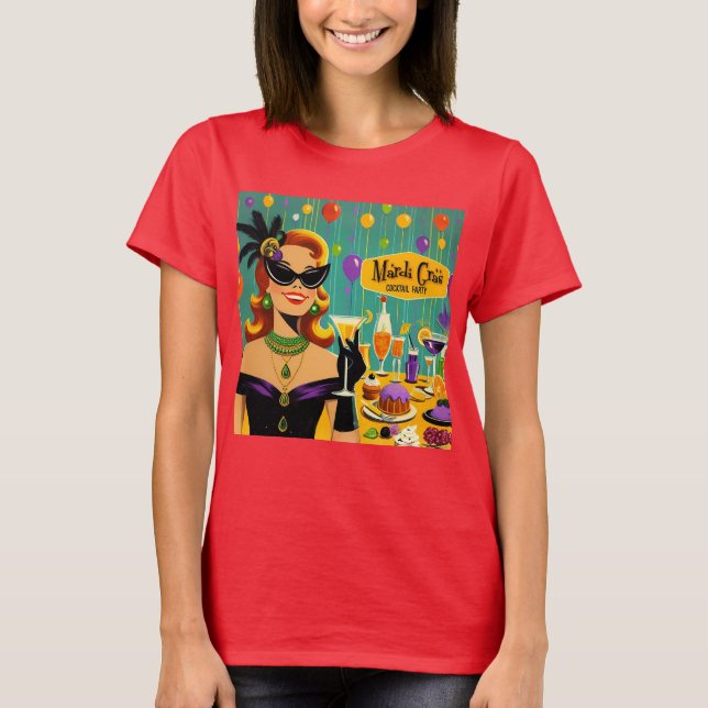 Retro 50s Mardi Gras Martini Cocktail Party T-Shirt (Front)