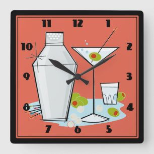 Retro 50s Martini Cocktail Time Mid-Century Salmon Square Wall Clock