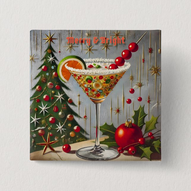 Retro 50s Merry Bright Christmas Candy Cocktail 15 Cm Square Badge (Front)